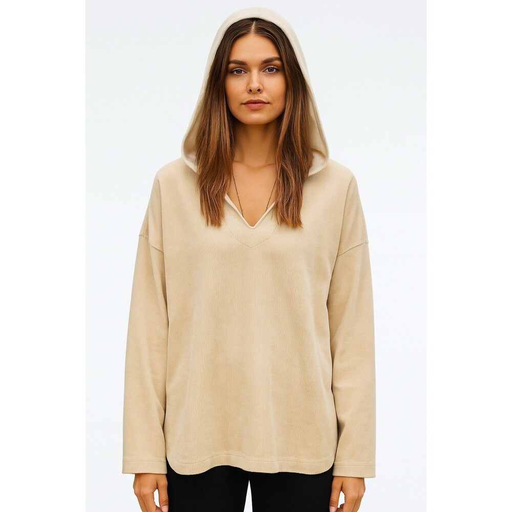 J Jill NWT Cozy Cream Pincord Velvet Corduroy Hoodie Sweater Top Size L